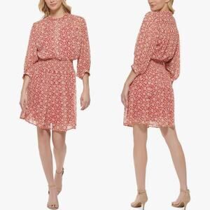 Tommy Hilfiger Floral Chiffon Mini Dress in Samba Red, Size 6